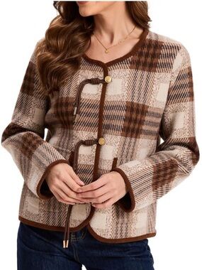 KEOMUD Classic Plaid Brown & Cream Knit Jacket Gold Buttons Tassels Large